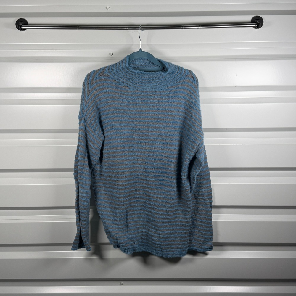 Chicos Zenergy Womens Size 1 M Blue Striped‎ Eyelash Knit Mock Neck Sweater